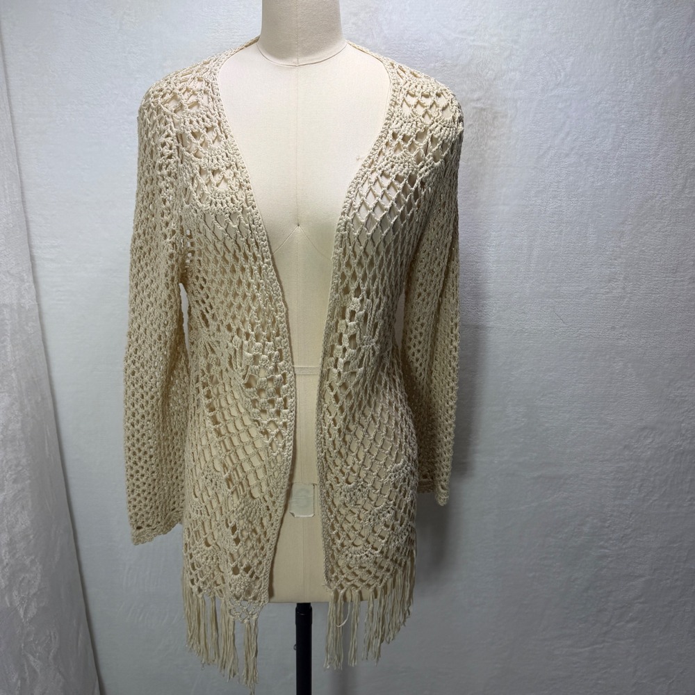 Honeylee Cream Crochet Fringe Cardigan Open Knit Boho Festival Cover Up